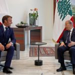 French President Emmanuel Macron (L) meets with Lebanese President Michel Aoun at the Presidential palace in Baabda, east of the Lebanese capital Beirut, on September 1, 2020. (Photo by GONZALO FUENTES / POOL / AFP)