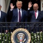 (L-R)Israeli Prime Minister Benjamin Netanyahu, US President Donald Trump, Bahrain Foreign Minister Abdullatif al-Zayani, and UAE Foreign Minister Abdullah bin Zayed Al-Nahyan wave from the Truman Balcony at the White House after they participated in the signing of the Abraham Accords where the countries of Bahrain and the United Arab Emirates recognize Israel, in Washington, DC, September 15, 2020. - Israeli Prime Minister Benjamin Netanyahu and the foreign ministers of Bahrain and the United Arab Emirates arrived September 15, 2020 at the White House to sign historic accords normalizing ties between the Jewish and Arab states. (Photo by SAUL LOEB / AFP)