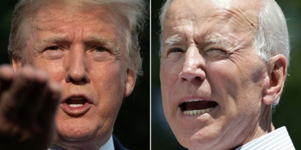 جو بایدن - دونالد ترامپ (COMBO) This combination of pictures created on June 11, 2019 shows US President Donald Trump(L) as he departs the White House, in Washington, DC, on June 2, 2019, and former US vice president Joe Biden during the kick off his presidential election campaign in Philadelphia, Pennsylvania, on May 18, 2019. - Donald Trump and his leading Democratic challenger Joe Biden were to deliver dueling speeches on June 11, 2019 across the important 2020 battleground state of Iowa in a foretaste of what promises to be a bad tempered and volatile presidential election. Biden, 76, called his presence in the midwestern state on the same day as Trump, 72, a coincidence. But his speech will aim at the core of the Republican president's narrative, branding Trump "an existential threat to America." (Photos by Jim WATSON and Dominick Reuter / AFP)