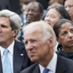 US Secretary of State John Kerry (L), US Vice President Joseph R. Biden (C) and National Security Adviser Susan Rice listen while US President Barack Obama speaks at the Lincoln Memorial on the National Mall August 28, 2013 in Washington, DC. Obama and others spoke to commemorate the 50th anniversary of the US civil rights era March on Washington where Martin Luther King Jr. delivered his "I Have a Dream Speech". AFP PHOTO/Brendan SMIALOWSKI (Photo by BRENDAN SMIALOWSKI / AFP)